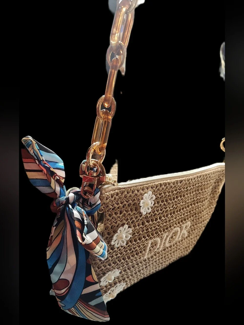 Dior Straw Crossbody Bag in Brown with Floral Embellishments